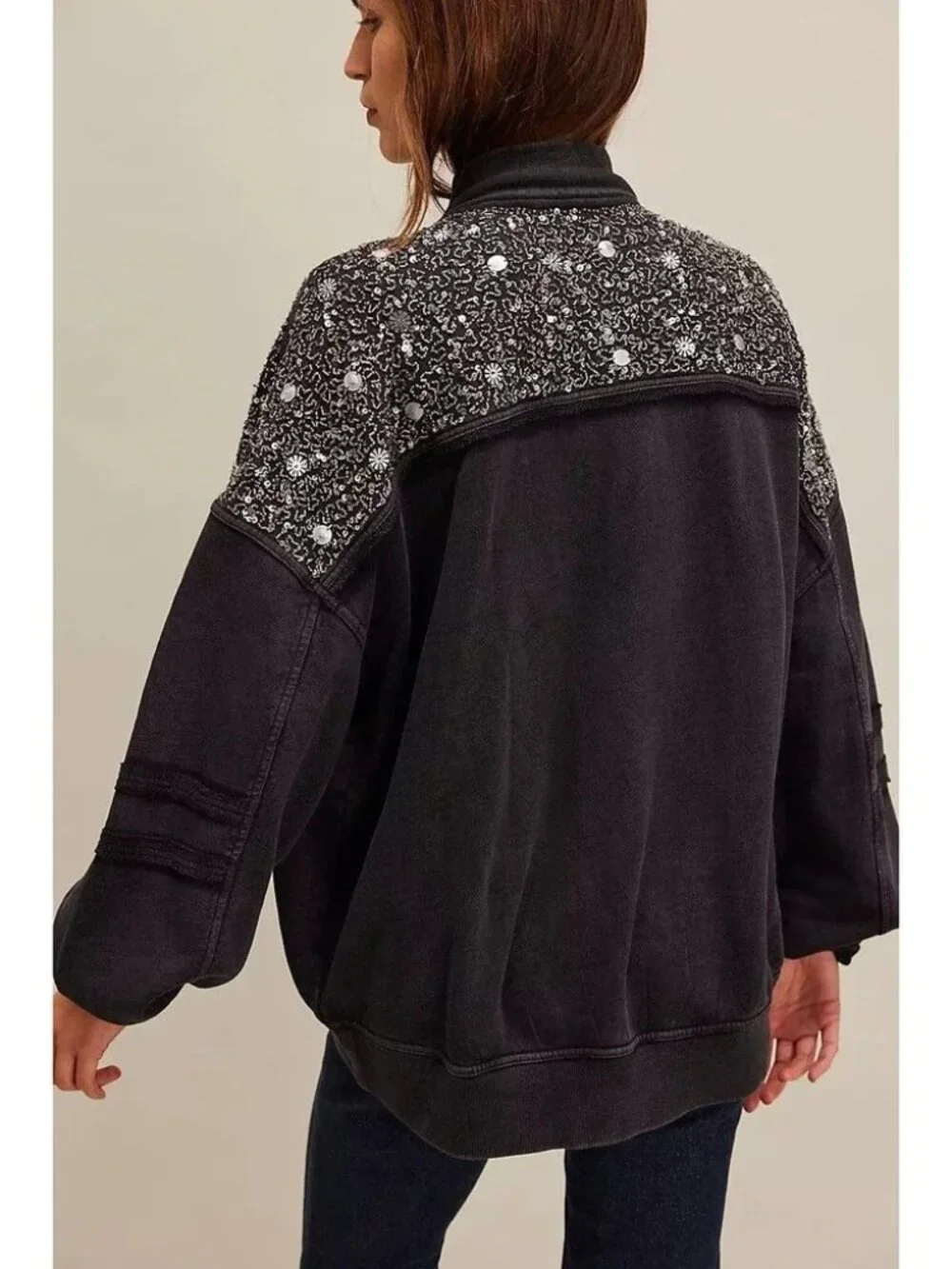 Free People Sparkle Sweatshirt Jacket Top Oversized Ribbed Embellished